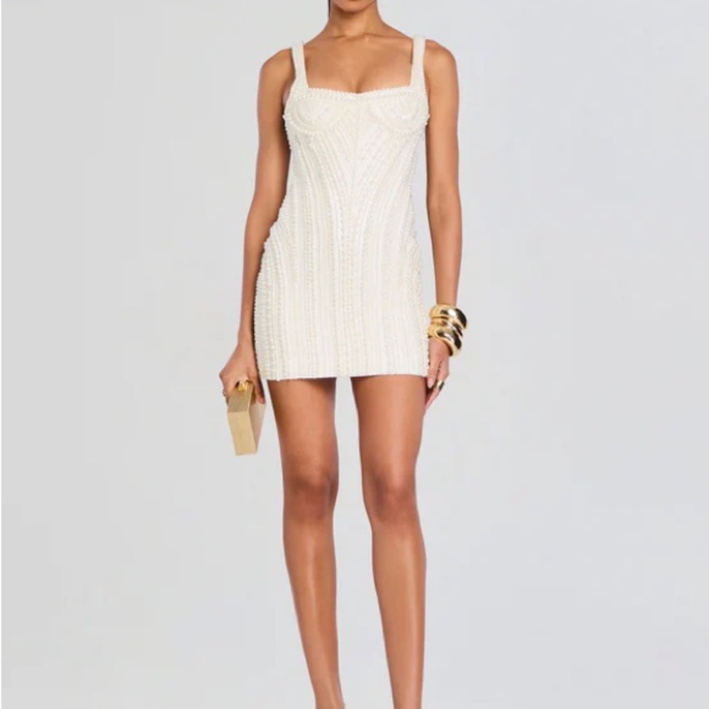 Retrofete Cream Ribbed Bodycon Mini Dress Sweetheart Neckline